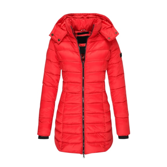 jtjvou Women's Packable Puffer Jacket - Lightweight Winter Warm Long Quilted Puffer Coat with Detachable Hood Red M