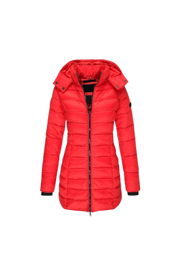 Women's Packable Puffer Jacket - Lightweight Winter Warm Long Quilted Puffer Coat with Detachable Hood Red XL
