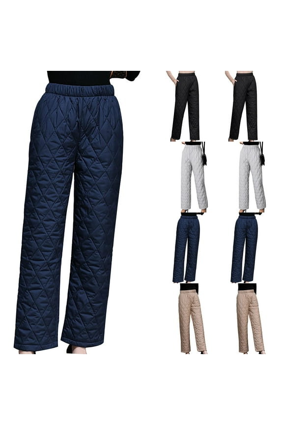 Women's Padded Quilted Down Pants, Elastic High Waisted Trousers Winter Warm Windproof Ski Snow Pants with Pockets Black L
