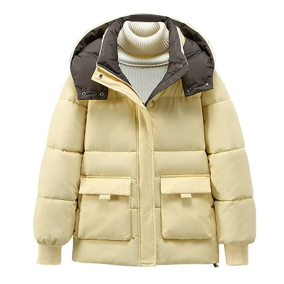 jtjvou Women's Parkas Down Cotton-Padded Hooded Winter Coat Windproof Thicken Warm Jackets Loose Short Overcoat Yellow L