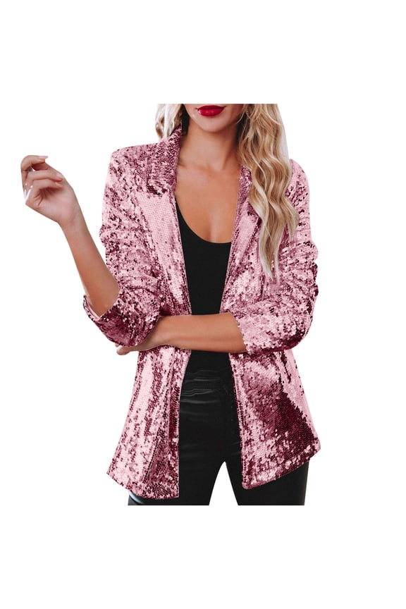 Women's Party Cocktail Outfits Sequin Blazer Jacket Glitter Sparkle Coat Casual Long SLeeve Lapel Open Front for Women Hot Pink,S