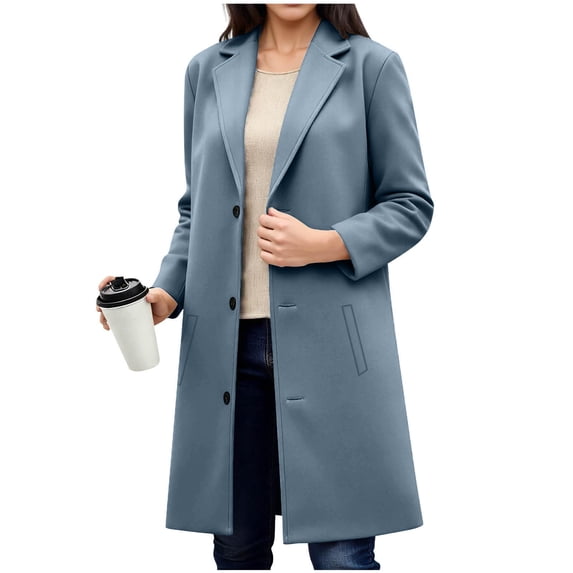 jtjvou Women's Peacoat Long Single-breast Faux Wool Jacket Fall Winter Clothes Classic Trench Coats Notch Lapel Pea Coat Blue S
