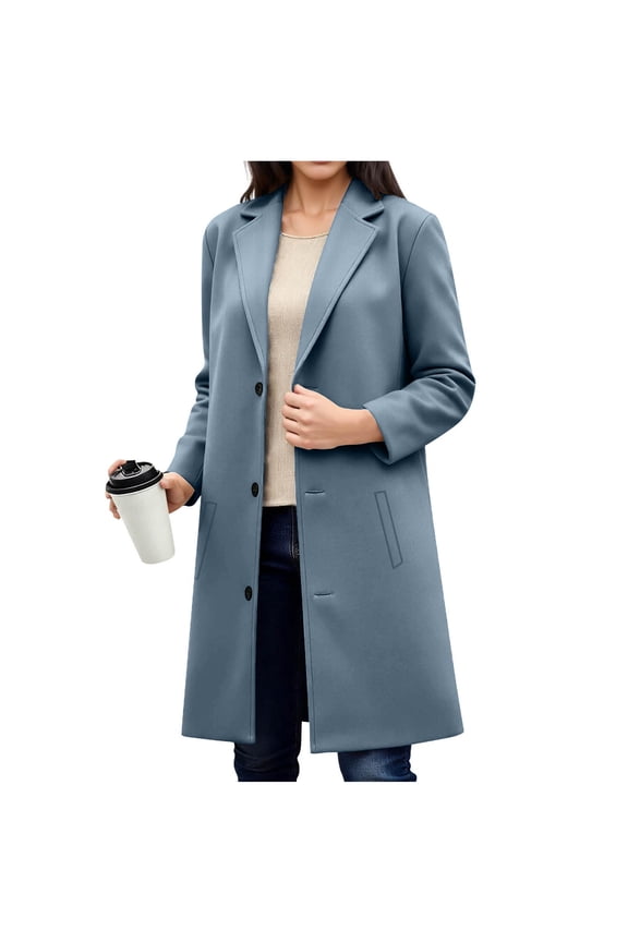 Women's Peacoat Long Single-breast Faux Wool Jacket Fall Winter Clothes Classic Trench Coats Notch Lapel Pea Coat Blue XXL