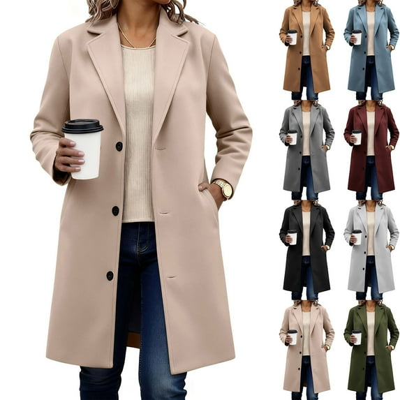 jtjvou Women's Peacoat Long Single-breast Faux Wool Jacket Fall Winter Clothes Classic Trench Coats Notch Lapel Pea Coat Green L
