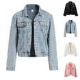 thumbnail image 1 of jtjvou Women's Pearls Denim Jacket Long Sleeve Cropped Rhinestones Jean Jacket Coat Black L, 1 of 5