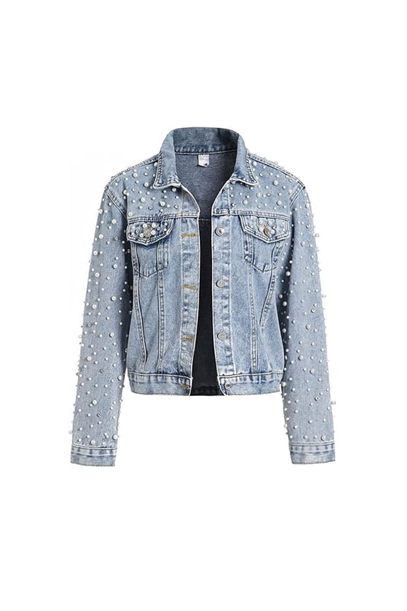 Women's Pearls Denim Jacket Long Sleeve Cropped Rhinestones Jean Jacket Coat Blue XL
