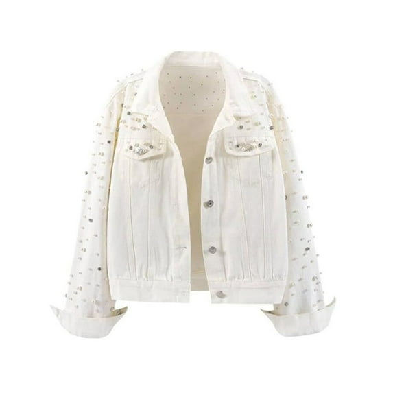 jtjvou Women's Pearls Denim Jacket Long Sleeve Cropped Rhinestones Jean Jacket Coat White S