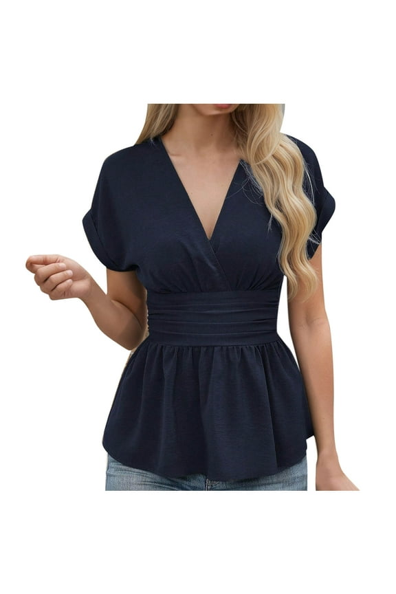 Women's Peplum Tops Dressy Wrap V Neck Cap Sleeve Ruched Ruffle Hem Shirts Summer Flowy Casual Business Work Blouse Blue XL