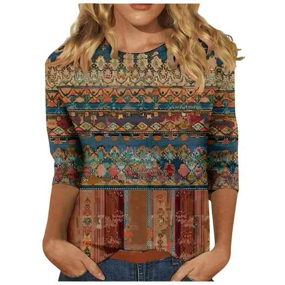 jtjvou Women's Plus Size 3/4 Sleeve Pullover Summer Floral Tops Going out Tops for Teen Trendy Fashion Crewneck Shirts Lady Multicolor,XXXXL