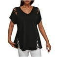 thumbnail image 1 of jtjvou Women's Plus Size Hollow Out Short Sleeve T Shirts Criss Cross V Neck Summer Tops Black S, 1 of 6
