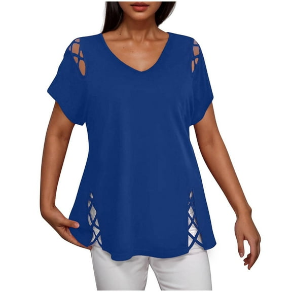 jtjvou Women's Plus Size Hollow Out Short Sleeve T Shirts Criss Cross V Neck Summer Tops Blue L