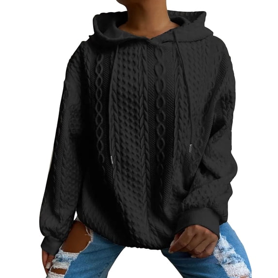 jtjvou Women's Plus Size Hoodies Drawstring Long Sleeve Drop Shoulder Textured Pullover Sweatshirt Black S