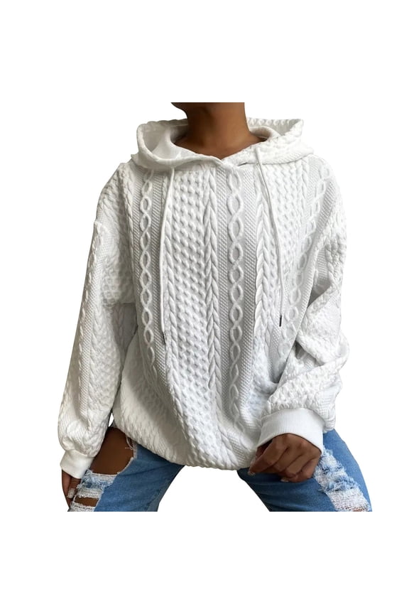 Women's Plus Size Hoodies Drawstring Long Sleeve Drop Shoulder Textured Pullover Sweatshirt White L