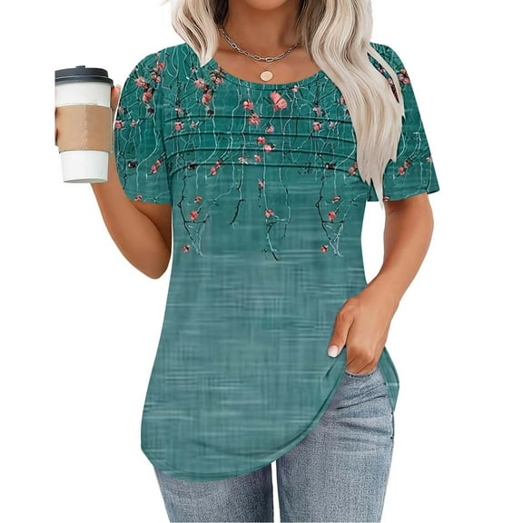 jtjvou Women's Plus Size Short Sleeve Blouse Going out Tops for Teen Summer Round Neck Tuinc Lady Trendy Fashion Floral Tees Multicolor,M