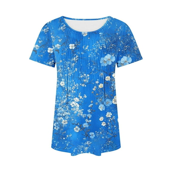 jtjvou Women's Plus Size Short Sleeve Shirts Lady Summer Going out Tops for Teen Trendy Fashion Crewneck Pullover Floral Tuinc Blue,XL