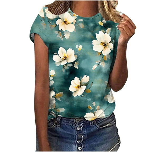 jtjvou Women's Plus Size Short Sleeve Shirts Trendy Fashion Floral Tuinc Summer Lady Crewneck Tees Going out Tops for Teen Multicolor,XXL