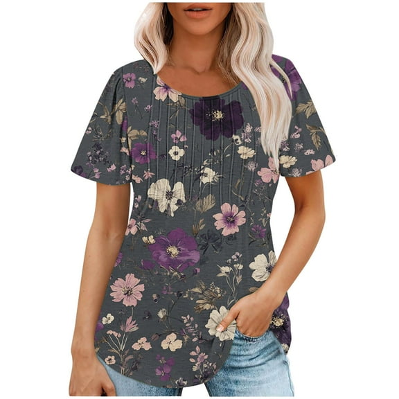 jtjvou Women's Plus Size Short Sleeve Tees Lady Crewneck Pullover Summer Going out Tops for Teen Floral Shirts Trendy Fashion Multicolor,XL