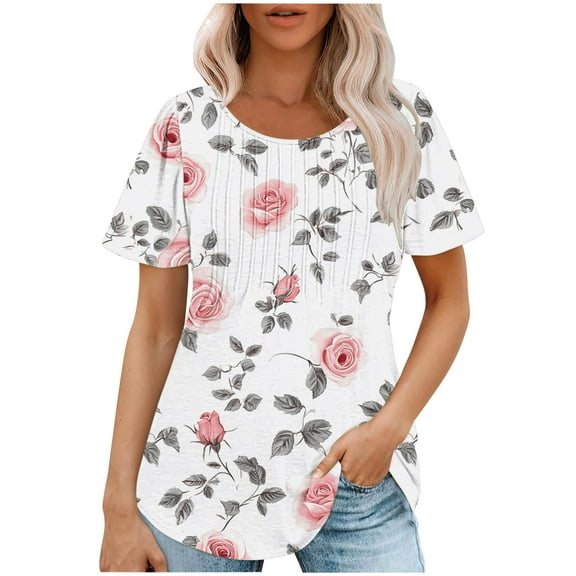 jtjvou Women's Plus Size Short Sleeve Tees Summer Crewneck Tees Lady Trendy Fashion Floral Shirts Going out Tops for Teen Multicolor,L