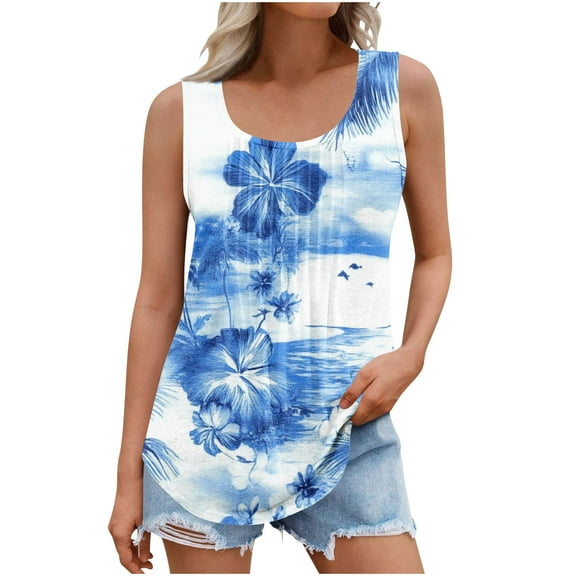 jtjvou Women's Pleated Swing Tank Tops for Beach Plus Size Sleeveless Tees Going out Tops for Teen Trendy Fashion Crewneck Blouse Floral Shirts Summer Lady Multicolor,L