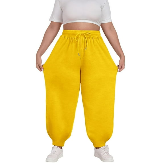 jtjvou Women's Plus Size Sweatpants Athletic Pants High Waisted Baggy Joggers Lounge Workout Jogging with Pockets Yellow L