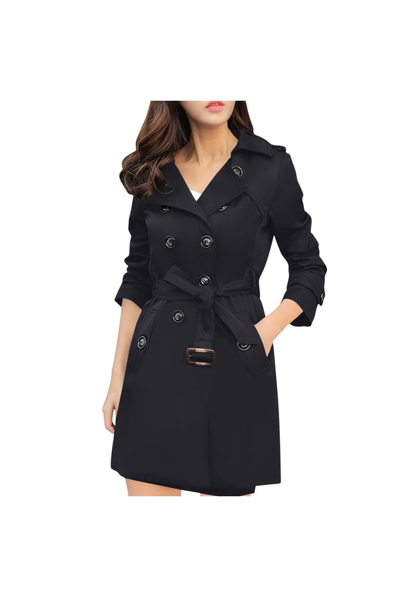 Women's Plus Size Trench Coat Double-Breasted Waterproof Lapel Overcoat Stylish Pea Coat with Detachable Hood Black XXL