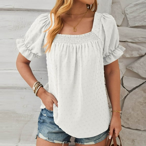 jtjvou Women's Puff Short Sleeve Square Neck Shirts Casual Slim Fitted Summer Tunic Tops Crochet Pom Pom Flowy Dressy Blouses White XXL