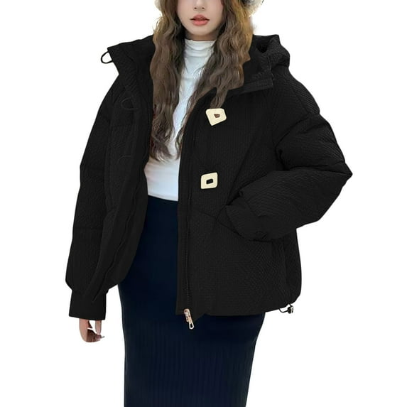 jtjvou Women's Puffer Jackets with Hood Warm Thicken Winter Full Zip Up Down Coat Padded Puffy Jacket Outwear with Pockets Black M
