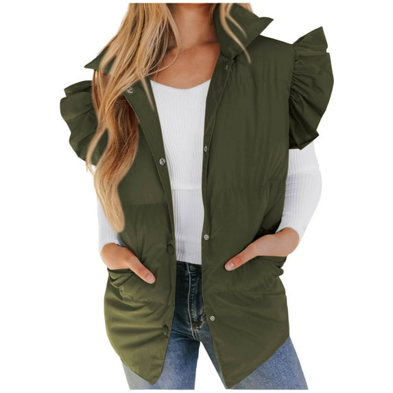 jtjvou Women's Puffer Vests Ruffle Sleeve Winter Button Down Padded Gilet with Pockets Green XL