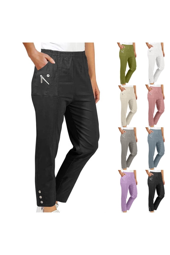Women's Pull on Trouser Mid Rise Slim Straight Leg Solid Pant Elastic Waisted Casual Pants with Decorate Buttons Black L