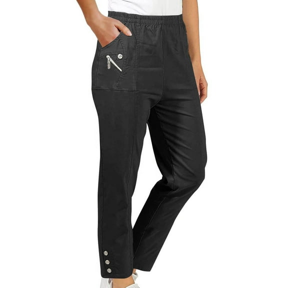jtjvou Women's Pull on Trouser Mid Rise Slim Straight Leg Solid Pant Elastic Waisted Casual Pants with Decorate Buttons Black S