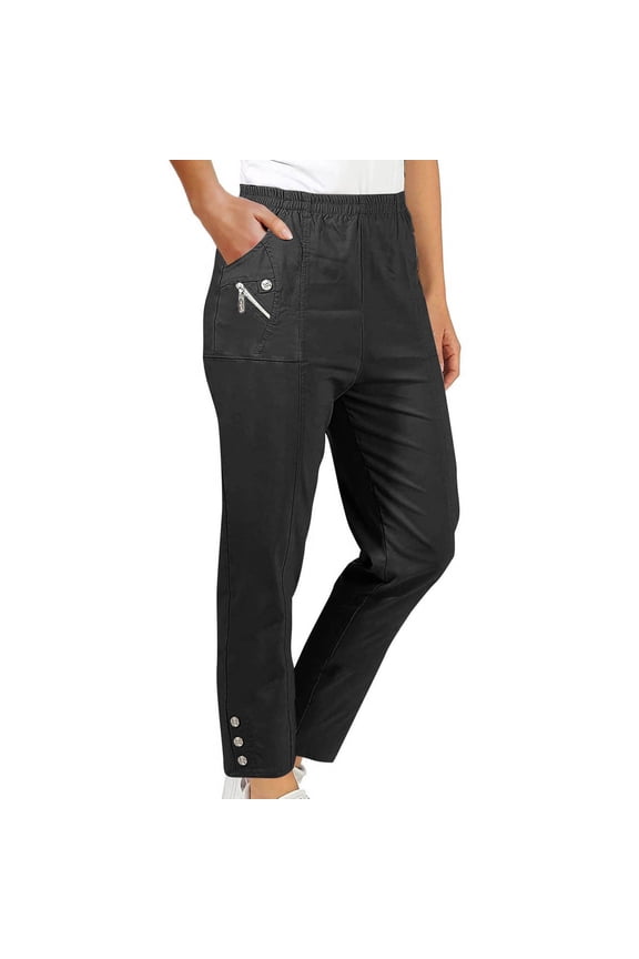 Women's Pull on Trouser Mid Rise Slim Straight Leg Solid Pant Elastic Waisted Casual Pants with Decorate Buttons Black S
