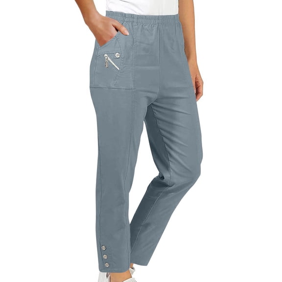 jtjvou Women's Pull on Trouser Mid Rise Slim Straight Leg Solid Pant Elastic Waisted Casual Pants with Decorate Buttons Blue S