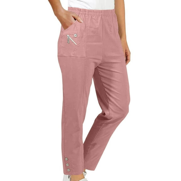 jtjvou Women's Pull on Trouser Mid Rise Slim Straight Leg Solid Pant Elastic Waisted Casual Pants with Decorate Buttons Pink S