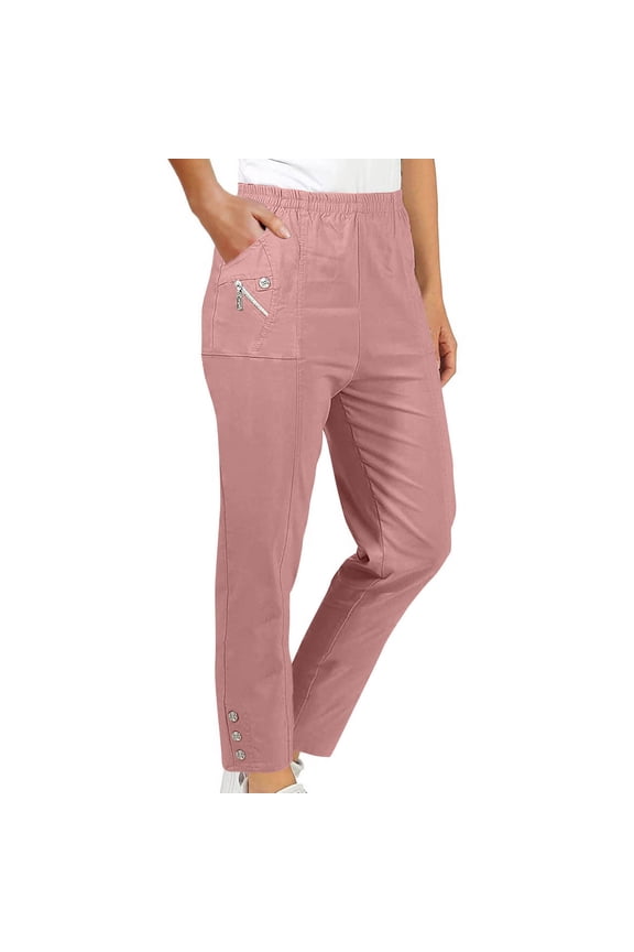 Women's Pull on Trouser Mid Rise Slim Straight Leg Solid Pant Elastic Waisted Casual Pants with Decorate Buttons Pink S
