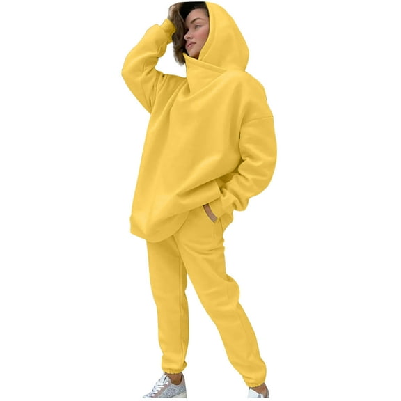 jtjvou Women's Pullover Jogger Pants Outfits for Women Fall Track Suits Y2K Plus Size Solid Color Lounge Set Long Sleeve and Pants Vintage Clothes Elegant 2 Piece Sets Pants Set Sweatsuit Yellow S