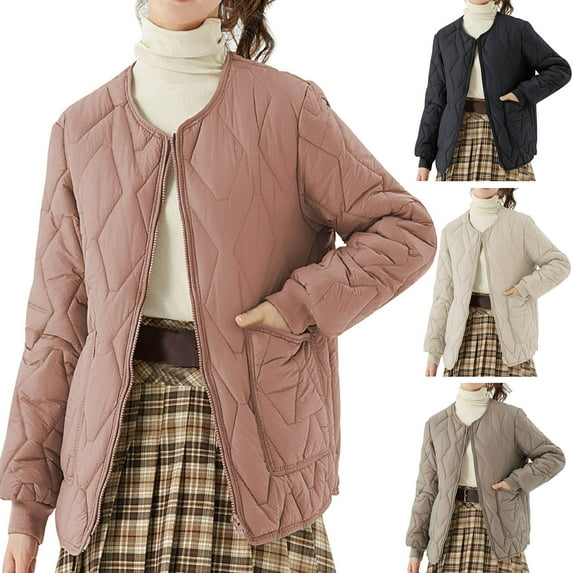 jtjvou Women's Quilted Puffer Jacket Oversized Zip Up Lightweight Padded Down Coats Casual Long Sleeve Outwear with Pockets Beige L