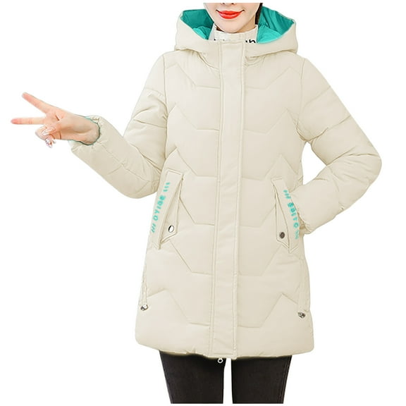 jtjvou Women's Quilted Puffer Jackets with Hood Winter Thicken Warm Parke Jacket Fashion Long Sleeve Coat with Pockets White M