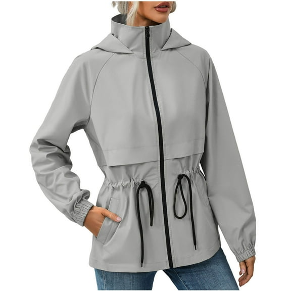 jtjvou Women's Rain Jacket Zipper Lightweight Outdoor Hiking Hooded Windbreaker Raincoat Gray L