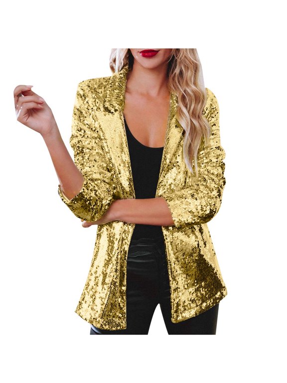 Women's Rave Lightweight Blazer Coat Sequin Blazer Shimmer Jacket Casual Long Sleeve Glitter Party Shiny Lapel Coat for Women Gold,M