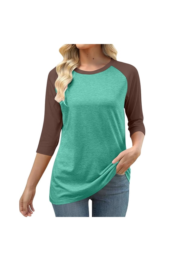 Women's Round Neck 3/4 Sleeve T-shirt Casual Color Blocked Raglan Top Comfortable Daily Wear Soft Fabric Easy Care Fashionable Design Blue L