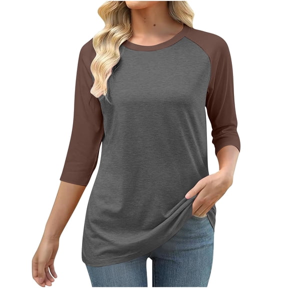 jtjvou Women's Round Neck 3/4 Sleeve T-shirt Casual Color Blocked Raglan Top Comfortable Daily Wear Soft Fabric Easy Care Fashionable Design Gray L