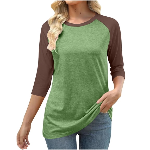 jtjvou Women's Round Neck 3/4 Sleeve T-shirt Casual Color Blocked Raglan Top Comfortable Daily Wear Soft Fabric Easy Care Fashionable Design Green XL