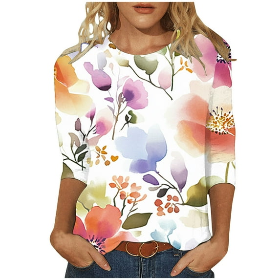 jtjvou Women's Round Neck Pullover Floral Blouse Trendy Fashion Plus Size Lady Going out Tops for Teen Summer 3/4 Sleeve Tops Multicolor,L