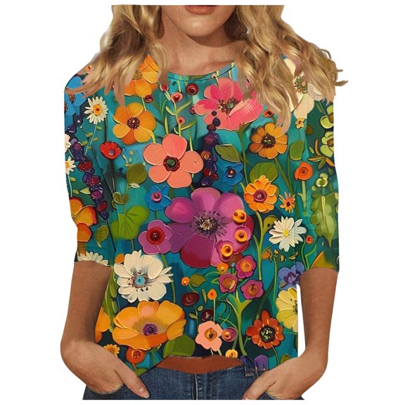 jtjvou Women's Round Neck Shirts Floral Tops Summer 3/4 Sleeve Pullover Plus Size Going out Tops for Teen Trendy Fashion Multicolor,M