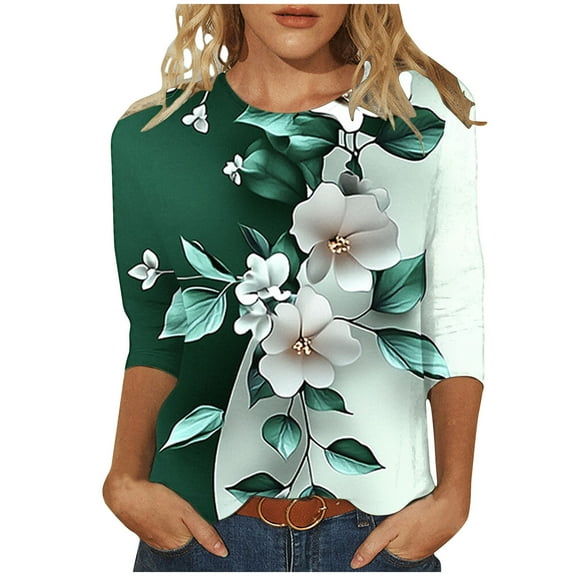 jtjvou Women's Round Neck Tees Floral Pullover Trendy Fashion Lady Going out Tops for Teen Plus Size Summer 3/4 Sleeve Tuinc Multicolor,L