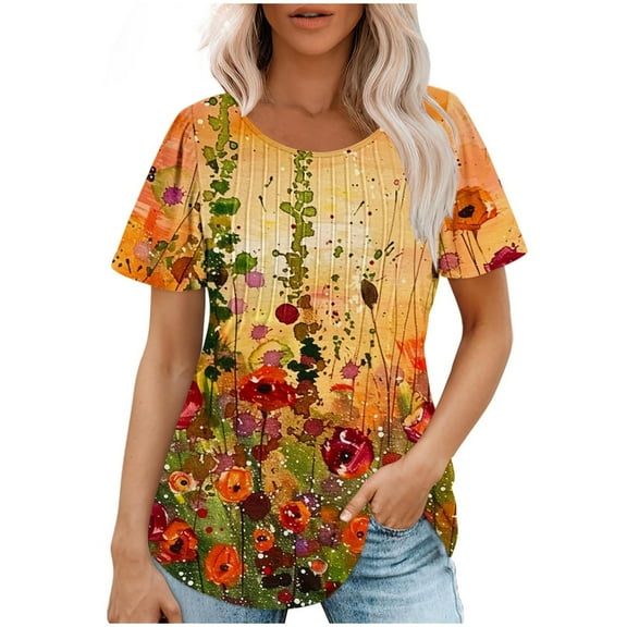 jtjvou Women's Round Neck Tees Floral Shirts Summer Casual Loose Short Sleeve Tees Going out Tops for Teen Trendy Fashion Multicolor,S