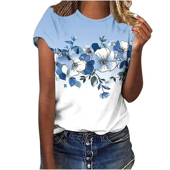 jtjvou Women's Round Neck Tees Floral Shirts Trendy Fashion Summer Going out Tops for Teen Casual Loose Lady Short Sleeve Tees Multicolor,L