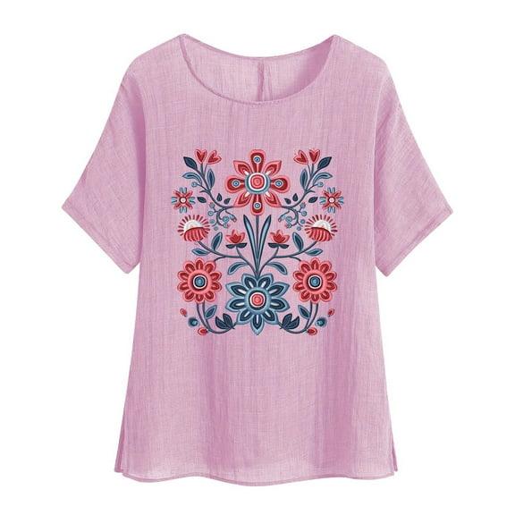 jtjvou Women's Cotton Linen Tops Casual Loose Floral Tees Crewneck Tees Lady Going out Tops for Teen Summer Trendy Fashion Short Sleeve Blouse Pink,XL