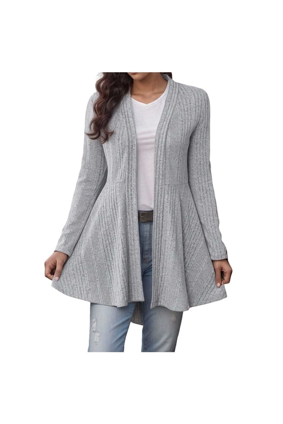 Women's Ruffle Hem Cardigan Open Front Long Sleeves Cardigans Casual Loose Knit Fall Solid Crost Waist Outwear Gray L