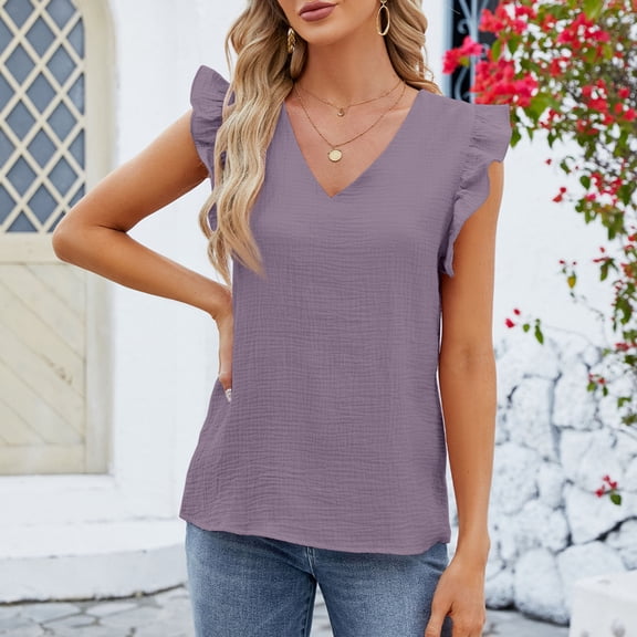 jtjvou Women's Ruffled V-Neck Cap Sleeve Blouse Opaque Slightly Stretchy Casual Work Business Purple XXL